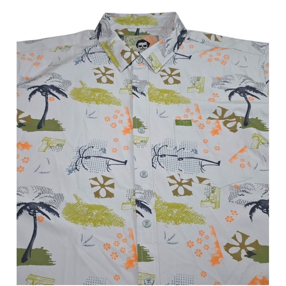 Retro Rifle Escobar Gun Tropical Narcos AOP Button Down Shirt Mens 2XL Bold Rare